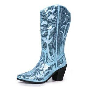 Women's Blue Sequin Mid Calf Cowboy Boot Size 7